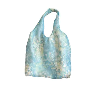 Blue Monet style oil painting canvas tote bag, floral jacquard underarm shoulder bag
