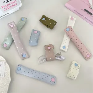 Macaron polka dot heart button cable organizer strap, cute data cord management for neat desk.