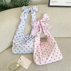 Cute striped canvas shoulder bag with oversized bow strap, sweet Japanese daily casual handbag.