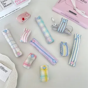 Polyester Heart Snap Button Cable Organizer Macaron Plaid Striped Cable Tie For Earphones Data Cord Storage Buckle Desktop Accessories