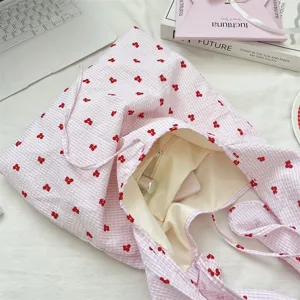 Pink gingham cherry print tote bag with bow shoulder straps, cute casual daily bag.
