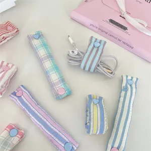 Macaron plaid striped cable organizer strap with cute heart button for earphone data wire