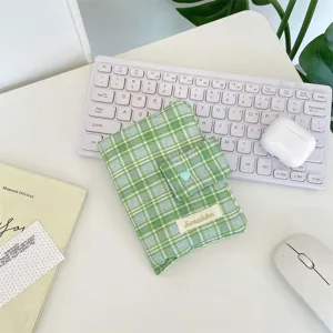 Green plaid fabric book cover with snap button, cute student journal pouch and stationery bag.