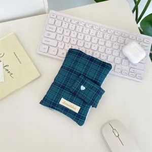 Green plaid notebook cover with snap button, stylish stationery storage pouch for daily diary study.