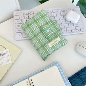Green plaid book cover with snap button, cute cloth planner organizer for student stationery.
