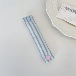 Macaron striped fabric cable organizer strap with cute heart snap button for neat desktop storage