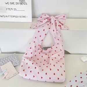 Japanese Style Polyester Cherry Print Shoulder Bag Women Sweet Plaid Seersucker Tote Bag Bowknot Strap Ribbon Casual Daily Tote Messenger Bag