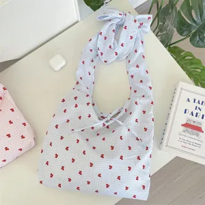 Blue cherry print canvas shoulder bag featuring a cute bow strap and fresh Japanese style.