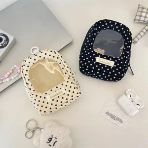 Clear window polka dot doll storage bag with zipper closure, cute portable pouch for miniature figures.