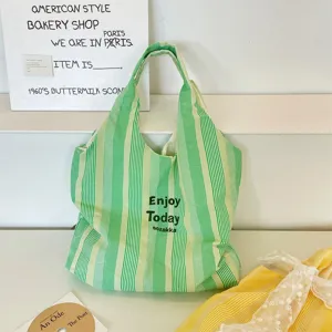 Πράσινη λευκή ριγέ τσάντα ώμου από καμβά casual καθημερινή γυναικεία τσάντα μόδας.