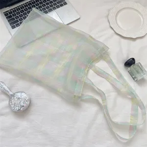 Rosa-lila Farbverlauf Karomuster Organza Tasche, transparente Schultertasche fuer Alltag.