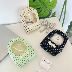 Cute polka dot doll storage bag with clear window zipper pouch for display and dust protection