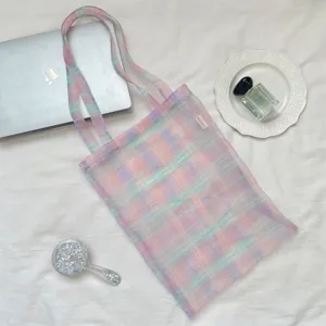 Farbverlauf Karierte Organza Tote Tasche Halbtransparent Große Kapazität Umhängetasche