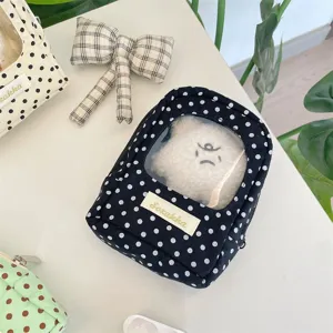 Dark blue polka dot transparent window doll storage pouch cute portable zipper makeup bag