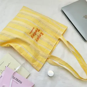 Gelb-weiße gestreifte Canvas-Einkaufstasche, lässige Schultertasche für den Alltag