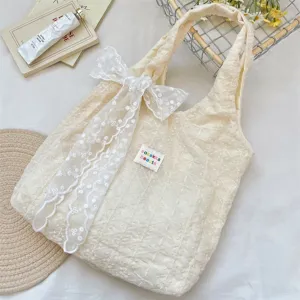 Elegant Creamy White Embroidered Lace Tote Bag Sweet Bowknot Ribbon Large Capacity Single Shoulder Canvas Handbag For Women