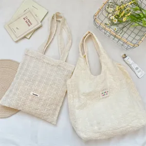 White lace embroidered tote bag, large capacity stylish shoulder bag for daily casual chic style.