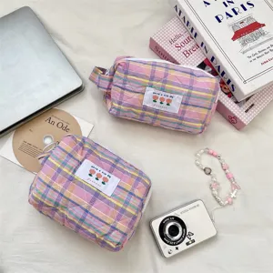 Borsa cosmetica a quadri arcobaleno rosa, marsupio trapuntato da viaggio in tessuto.