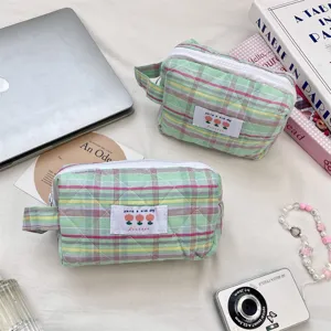 Borsa Trucco Trapuntata a Quadri Arcobaleno Pochette Portaoggetti in Tessuto Motivo a Rombi Organizzatore Viaggio per Donna 19162