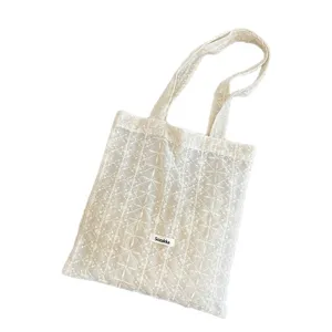 Off-white lace embroidered tote bag, casual daily shoulder handbag with large capacity.