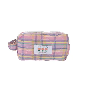 Borsa cosmetica trapuntata a quadri rosa con manico, custodia da viaggio carina per uso quotidiano.