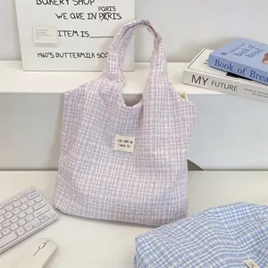 Casual paarse ruitjes canvas tote tas, grote schoudertas voor forenzen en dagelijks gebruik.