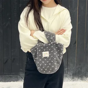 Grey fuzzy mini handbag with cute white dot pattern, winter plush top-handle bag for women.