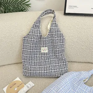 Zwart-wit geruite canvas schoudertas totebag, casual grote tas voor dagelijks pendelen.