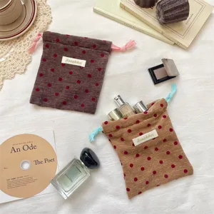 Portable Velvet Polka Dot Drawstring Bag Contrast Color Closure Velvet Pouch For Women Travel Jewelry Makeup Storage Organizer Pouch