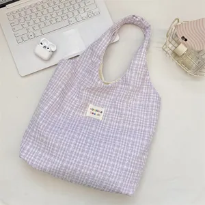 Paarse ruitjes canvas shopper tote tas, grote capaciteit casual schoudertas voor dagelijks.