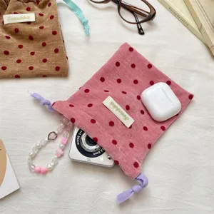 Portable velvet polka dot drawstring pouch stylish contrast storage bag for travel items