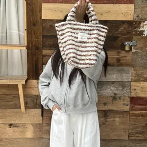 Fluffy striped handbag plush tote bag winter small handbag casual cute daily shopper bag