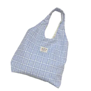 Blauw-wit geruite canvas shopper, grote capaciteit casual schoudertas voor dagelijks gebruik.