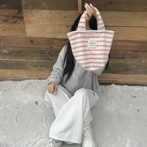Pink and white striped plush handbag for women winter fluffy small tote bag casual