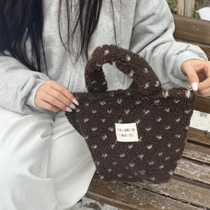 Winter plush handbag brown fuzzy tote bag cute casual small hand bag for daily women