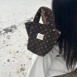 Cute plush handbag for women winter small brown fluffy tote bag casual daily fuzzy purse