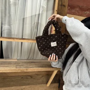 Brown fluffy handbag for women, cute winter small plush tote bag with nice texture.