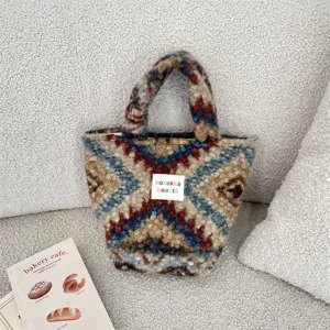 Winter fuzzy plush handbag for women, cute geometric patterned knit tote bag, daily casual style.