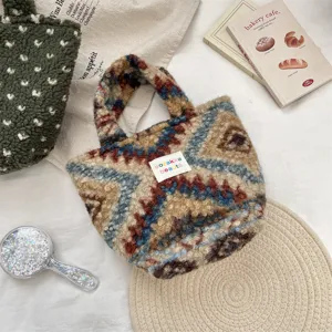 Winter cute plush handbag for women, Korean style geometric pattern casual tote bag.