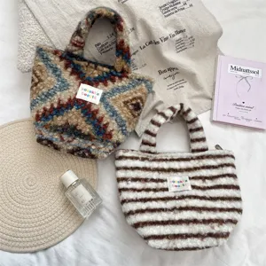 Cute Korean style plush tote handbag winter small furry handbag geometric and striped design