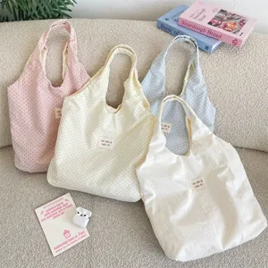 Women Lazy Style Polka Dot Canvas Tote Bag Polyester Foldable Shoulder Bag For Student Travel Shopping Large Capacity Handbag