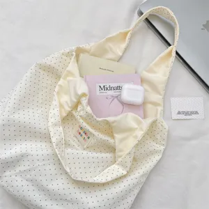 Cream white polka dot canvas hobo bag casual minimalist slouchy tote bag for daily use