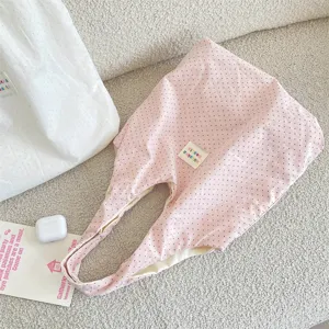 Pink polka dot canvas underarm tote bag, casual lazy style student shoulder handbag for daily use