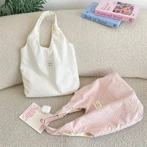 Casual cute polka dot canvas tote bag, soft slouchy underarm shoulder bag for daily travel.