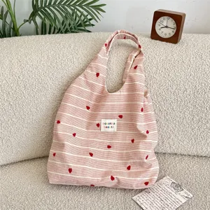 Women Large Capacity Heart Embroidered Striped Tote Bag Girly Lace Bow School Shoulder Bag Sweet Japanese Style Polyester Handbag