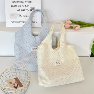 Dotted canvas tote bag for women, casual lazy style shoulder bag, foldable daily handbag.