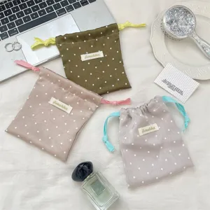 Korean style polka dot satin storage pouch portable makeup drawstring bag travel organizer set.