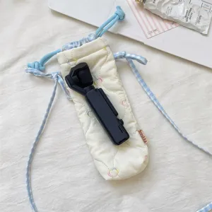 Korean style quilted camera pouch with cute heart embroidery and blue plaid drawstring design.