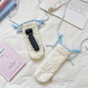 Korean style cute quilted camera bag with blue plaid drawstring strap, soft pouch.