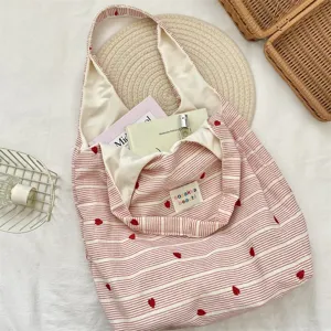 Cute striped canvas tote bag with red heart embroidery, large capacity shoulder bag for daily use.